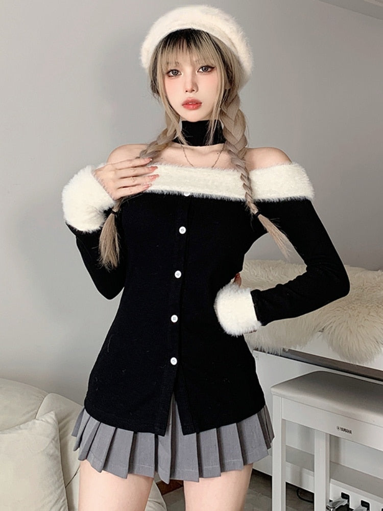 Yipinpay Winter Slim Vintage Black Tops Office Lady Long Sleeve Casual Pullover Elegant Korean Fashion Clothing Woman Button Design