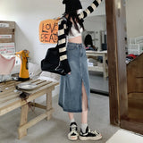 Yipinpay Blue Washed Denim Midi Skirt For Women Fashion Y2k Casual Loose Straight Long Skirts Jeans Knee Length A Line Waist Female