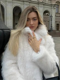 Yipinpay Women Autumn Winter Furry Fur Outerwear Elegant Thick Warm Long Sleeve Turndown Collar Female Overcoat 2023 Fashion Fur Coat