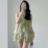 Yipinpay Dress Vintage Hanging Neck Layer Ruffle Sleeveless Sling Dress Short Sexy Green Chiffon Dresses Robe Vestidos Mujer Korean