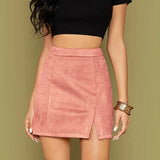 Yipinpay Womens High Waist Faux Suede Double Front Bodycon Mini Hip Skirt Female Pencil A-line Shorts Woman School Girl Skater Skirt Pink