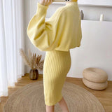 Yipinpay Winter Sweater Dress Two Piece Women Fashion New Office Ladies Sets Knitted Pullover Sweater + Vest Dress