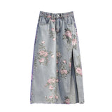 Yipinpay Fashion Denim Long Skirts For Womens Summer Blue High Waist Raw Edge Slit Vintage Washed Printing Korean Style Casual Skirts