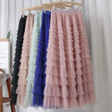 Yipinpay White Long Skirts For Womens Fashion 2023 Summer High Quality Green Dark Brown And Blue Mesh Tulle Cake Midi Skirt Female