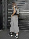 Yipinpay Street Style Women Cargo Skirts Suits Gray Tank Sleeveless Shirts And A-Line Skirts Two Pieces Sets Summer 2023 Lady