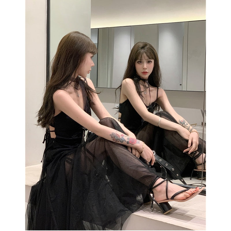 yipinpay Summer Women's Black Dress Lace Fashion Gauze Skirt Puffy Party Dress Backless Prom French Vintage Long Dresses for Women