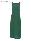 Yipinpay Green Tank Dresses Summer Cotton Linen Sleeveless Straight Split Dress 2023 All-Match Midi Dress Vacation Style Lady