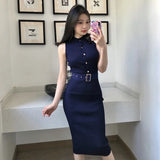 Yipinpay Temperament Sexy Slim Single-breasted O Sleeveless Stretch Knitted Bag Hip Dress Women Split Mini Fashion Bottom Wild Autumn