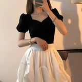 Yipinpay Vintage Bubble Short Sleeve T Shirt Women Wild Slim V Neck Black Tshirt Oversized Knit Tops New Spring Tee Blouse