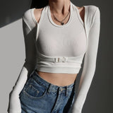 Yipinpay Sexy Slim Long Sleeve T-shirts Hollow Out Crop Top Women Tunics Kpop Button Patchwork T Shirt Fake Two-piece Streetwear