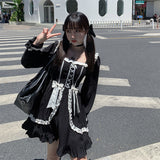 Yipinpay and Autumn Mori Girl Style Dress Women Ruffles Patchwork Square Collar Japan Lace Up Female Black Dress