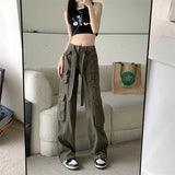 Yipinpay Baggy Pockets Cargo Pants For Women Y2k Summer Korean Straight Oversize Trousers Aesthetic Wide Leg Jeans Female Clothes