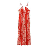 Yipinpay 2023 Pleated Floral Dress Woman Red Backless Slip Long Dress Women Summer Holiday Beach Dresses Sexy Midi Party Dresses