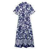 Yipinpay Blue Floral Shirt Dress Woman Vintage Print Long Dress Women Short Sleeve Elegant Chic Women Dresses Casual Summer Dresses