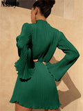 yipinpay 2023 Fashion Green Club Sexy Pleated Mini Wrap Dress Women Outfits Long Sleeve O Neck Evening Party Dress Elegant Autumn 911