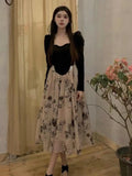 Yipinpay Floral Midi Dress Casual Party Korean Style Dress Woman Slim 2023 Autumn Design Long Sleeve French Elegant Dress Chic