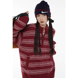 yipinpay Women Red Stripe Sweater Color Contrast Half Zipper Fashion Vintage Lazy Wind Loose Winter Female Thickening Knitting Pullover