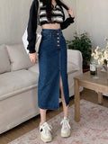 Yipinpay A-line High Waist Long Vintage Versatile Split Denim Skirt Woman