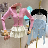 Yipinpay Sweaters for Women Gentle Slim Korean Clothes Cropped Pink Cardigan V-neck Metal Button Knitted Cardigan Jacket Sun Shirts