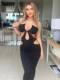 yipinpay 2023 Cut Out Elegant Party Evening Sexy Black Bodycon Women Dress 2023 Summer Hollow Out Halter Wrap Long Backless Dress