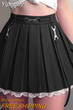 Yipinpay Women Skirts 2023 New Straps Decor Harakuju Lolita High Waist Mini Pleated Skirt School Girls Lace Hem Cute Streetwear