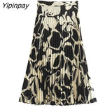 Yipinpay Summer Women Chain Skirt Sets Fashion Long Sleeve Printed Shirts High Waist Straight Elastic Pleated Skirts Casual Outwear