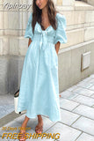 Yipinpay Light Blue Tunic Dress Puff Sleeve Women Twist Vacation Cotton Linen Dress Ladies Boho Casual Chic Dress Summer 2023