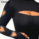 Yipinpay Women Solid Heart Hollow Long Sleeves Rhinestone Decor Cuff Links Skinny Black Blouses Tops