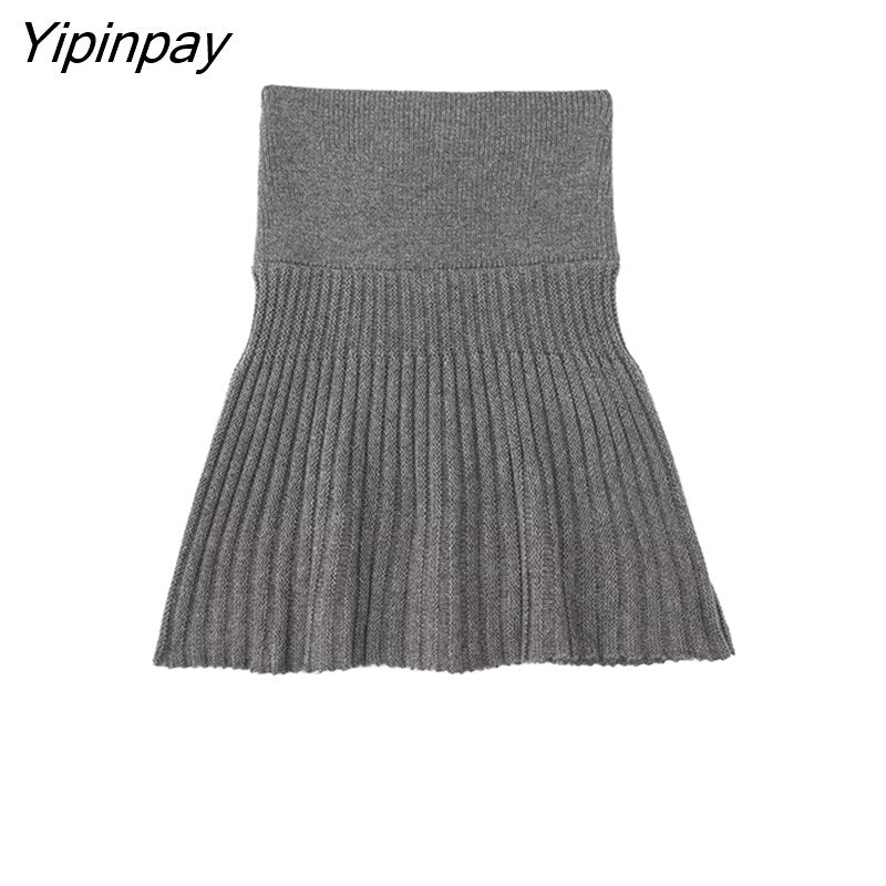 Yipinpay 2023 Sweet Women Solid Knitted Skirt Sets Turtleneck Tops+Mini A-Line Skirts Sets Long Sleeve Loose Casual Sweaters