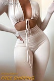 Yipinpay White Long Sleeve Sexy Rompers Women Jumpsuit Casual Hollow Out Lace Up Bodycon Jumpsuits 2023 Femme Workout Overalls
