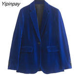 Yipinpay Women Autumn Velvet Blazer Jackets Pants Set 2023 Simple Office Single Button Coat Female Oversize Clothes Outerwear