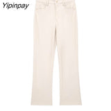Yipinpay 2023 Autumn Winter Ladies Faux Leather Pants High Waist Pockets Pants Waterproof Fitness Zipper Flare Trousers Three Colors