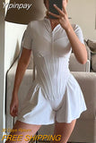 Yipinpay 2023 Autumn Women Tight Fashion Bodysuit O-Neck Zipper Short Sleeve Bottoming Shirt Femme Y2k Sexy Slim Fit Workwear