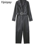 Yipinpay 2023 Fashion Women Faux Leather Jumpsuits With Belt Spring Autumn Vintage Long Sleeve Notched Female Causal Playsuits Mujer