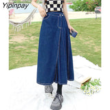 Yipinpay Summer Mid-length Denim Skirt Woman Pleated High Waist Thin A-line