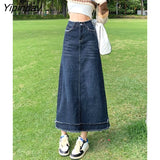 Yipinpay A Line Vintage Jean Skirts For Ladies High Waist Casual Summer Long Skirt Woman