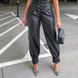 Yipinpay Women Casual High waist Button PU leather Pencil Pants