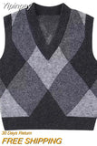 Yipinpay Knitted Sleeveless Vest For Women Cropped Argyle Sweater Women Knitting Vest Woman Winter 2023 Vintage V Neck Knit Sweater