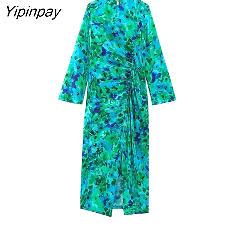 Yipinpay 2023 Women Printed Folds Mid-Calf Dresses Elegant Female Beach Style Slim Party Vestidos Long Sleeved Dresses Soft Outwear