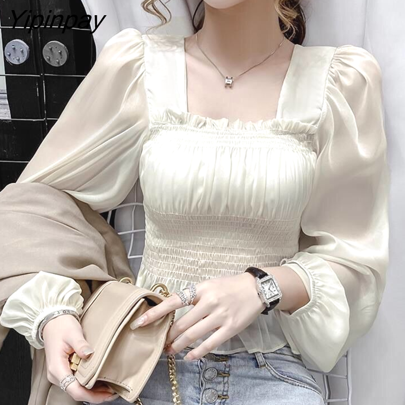 Yipinpay Square-neck Blouse Women New Design Puff Sleeve Chiffon Shirt Thin Tops Dropshipping
