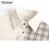 Yipinpay New Spring Women blouses Korean Fashion style Simply Corduroy Long sleeve Tops Patchwork plaid Loose Casual female blouses