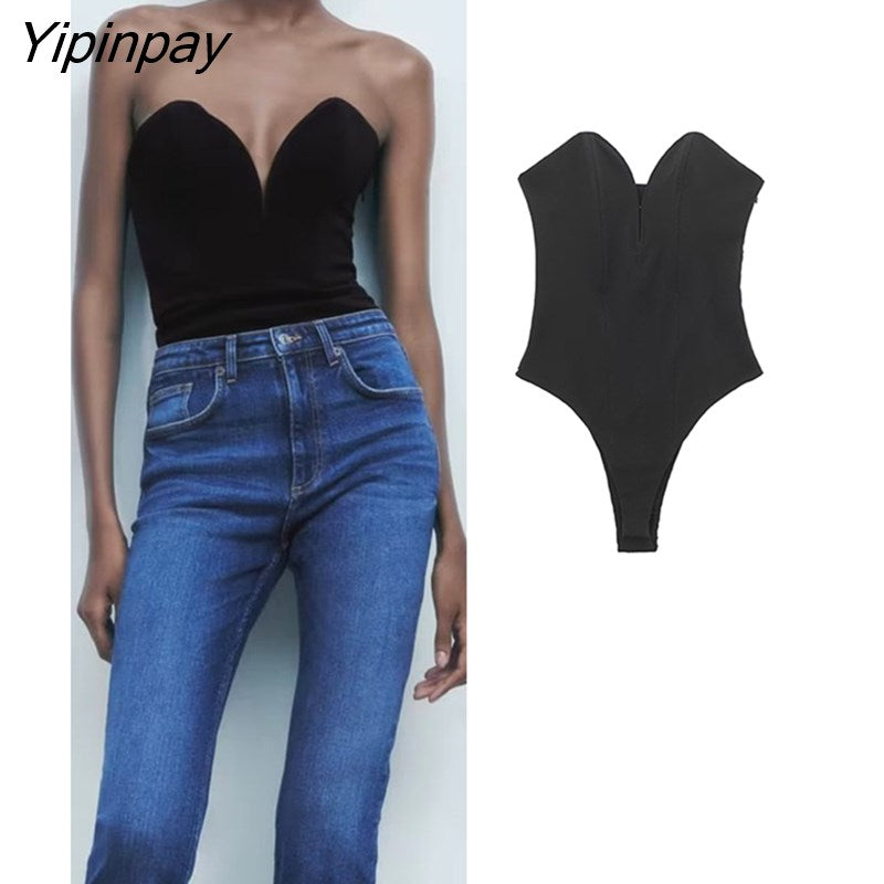 Yipinpay Women Fashion With Sweetheart Neck Draped Bodysuits Vintage Backless Zipper Thin Straps Female Playsuits Mujer