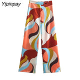 Yipinpay Women Geometric Print Pant Shirt Sets 2023 New Summer Fashion Single Breasted Blouse+Wide Leg Pants Causal Outwear