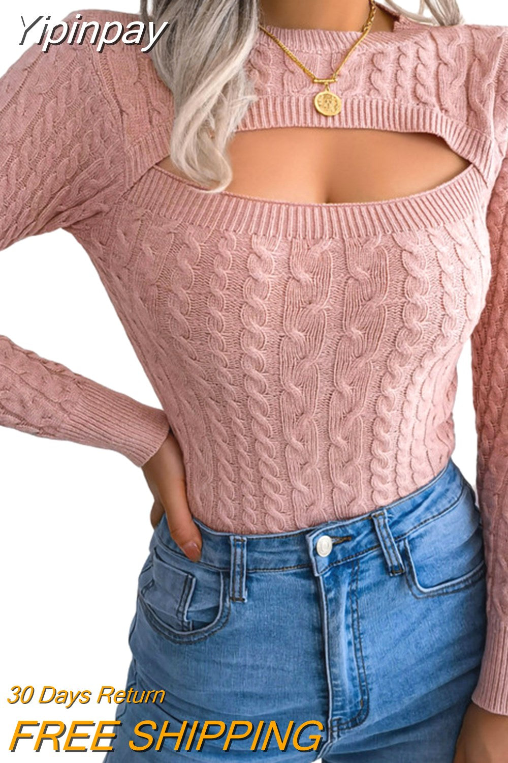 Yipinpay Winter Cutout Knit Sweaters Clothes for Women 2023 2023 Vintage Long Sleeve Cable Knit Round Neck Slim Cropped Sweaters