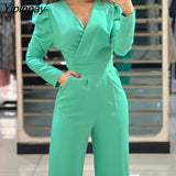 Yipinpay Women Solid Elegant Long Puff Sleeves  V Neck Straight Pocket Working Jumpsuit