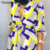 Yipinpay Women Elegant Geometric Print Sashes Pocket Design Straight Button Jumpsuit Sexy Jumpsuit