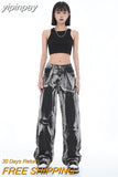 yipinpay Women&#39;s Black Vintage Tie Dye Jeans Hip Hop Baggy High Waist Wide Leg Pants Street Fashion Straight Denim Trouser Ladies Summer