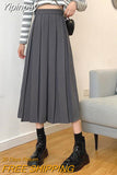 Yipinpay Vintage Brown Pleated Long Skirts Women Korean Fashion High Waist Chic Elegant A-line Midi Skirt for Girls Preppy Style