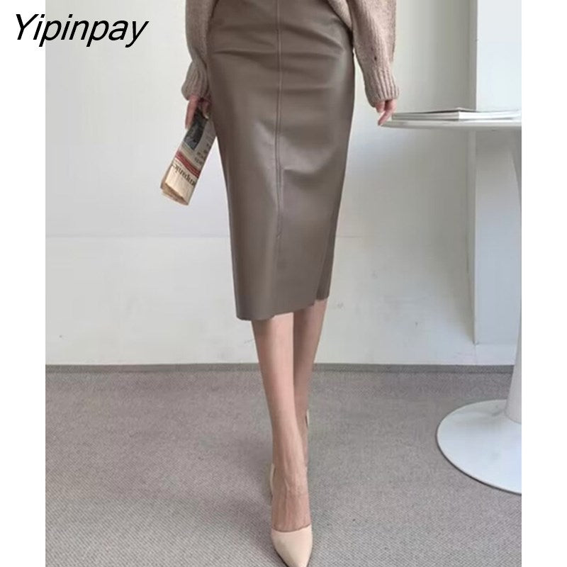 Yipinpay Autumn Winter Vintage Split Mid Length Skirt Women PU High Waist Hip Bag Fake Leather