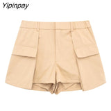 Yipinpay 2023 Women Summer Solid Shorts New Fashion Vintage Causal Zipper Fly Short Pant Pockets Elegant A-Line Mini Shorts